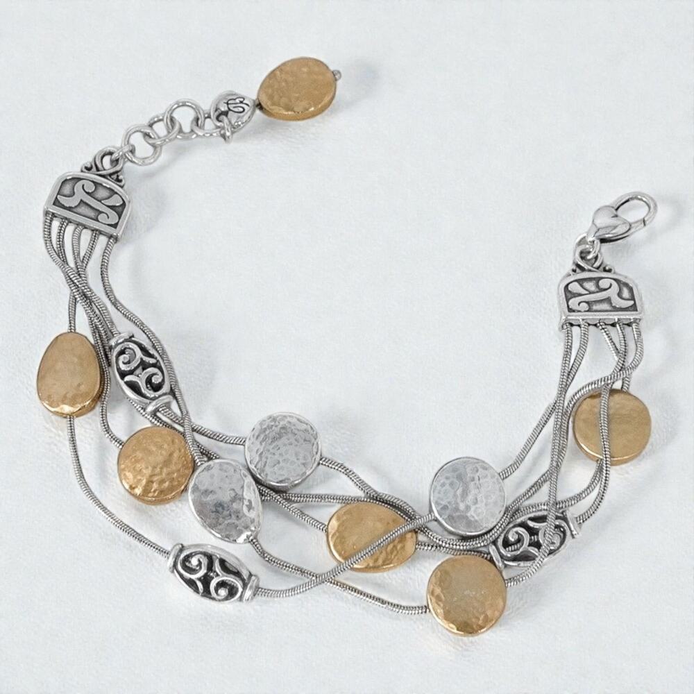 Brighton Mediterranean Bracelet Two Tone Silver Gold Hammered Multi Strand 8"